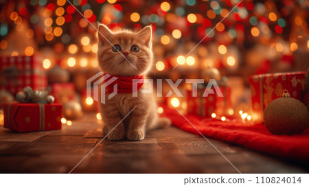 AI-generated content. Ginger kitten in a red scarf against the background of gifts and Christmas balls, in red colors. 110824014