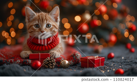 AI-generated content. A ginger kitten in a red scarf against a background of gifts, Christmas balls and pine cones. 110824017