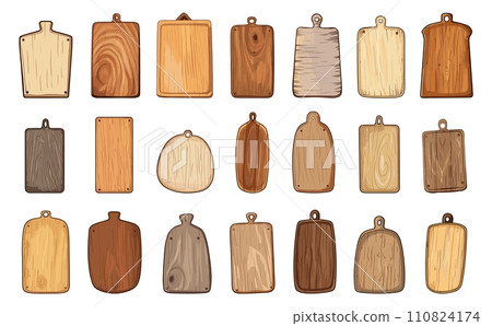 AI-generated content. Rustic wooden kitchen cutting boards. Isolated board, wood interior elements for cooking and food preparation. Household vector objects set 110824174