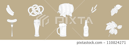 Pretzel, Beer, Hop and Sausage Hand Drawn Element Vector Set 110824271
