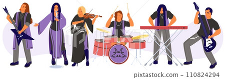 Heavy metal rock artist cartoon characters isolated set 110824294