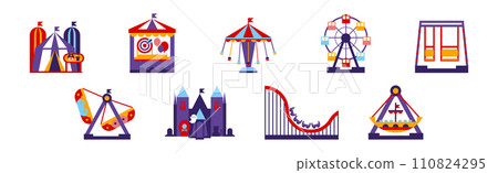 Amusement Park Attraction and Carousel as Festival Entertainment Vector Set Amusement Park Attraction and Carousel as Festival Entertainment Vector Set 110824295