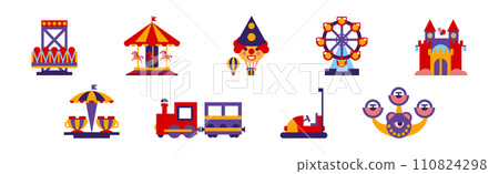 Amusement Park Attraction and Carousel as Festival Entertainment Vector Set 110824298