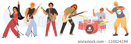 Rock band cartoon characters singing song playing music isolated set 110824299