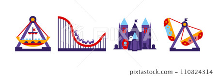 Amusement Park Attraction and Carousel as Festival Entertainment Vector Set 110824314