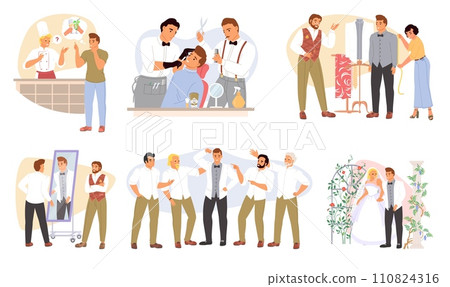 Groom preparation for wedding day isolated set 110824316