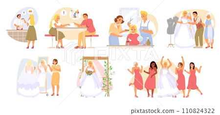 Bride preparation and wedding ceremony planning isolated set 110824322