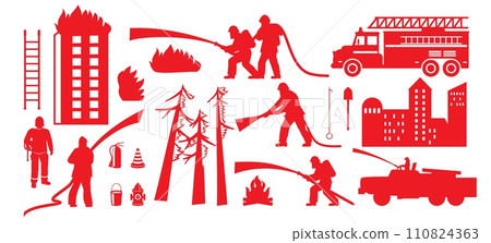 Firefighter, fire engine and burning forest, house red silhouette set Firefighter, fire engine and burning forest, house red silhouette set 110824363