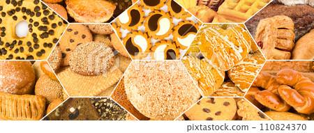 Bread and sweet pastries background. Wide photo. 110824370