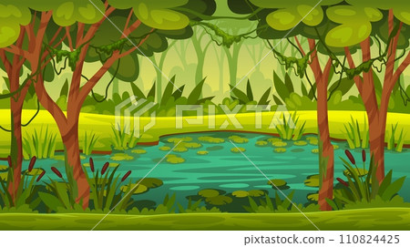 Swamp landscape. Forest river marsh cartoon game background, fantasy rainforest lake mysterious jungle stench pond with lily and moss trees lichen wood neoteric vector illustration 110824425
