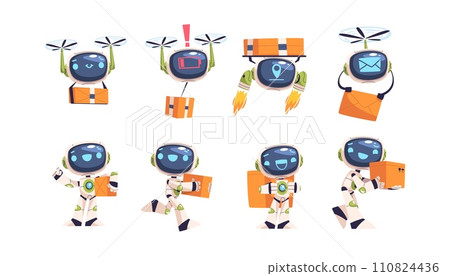 Delivery bot. Deliver drone mascot, speed robot character futuristic postman cyborg machine ai digital technology, cargo job cartoon work robots gestures classy vector illustration 110824436