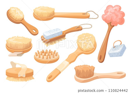 Body scrub brushes. Bodies massage wooden dry brush, shower bath nature accessories skin exfoliate scrubs brushing procedures for legs cellulite, scrubbing neat vector illustration Body scrub brushes. Bodies massage wooden dry brush, shower bath nature accessories skin exfoliate scrubs brushing procedures for legs cellulite, scrubbing neat vector illustration 110824442