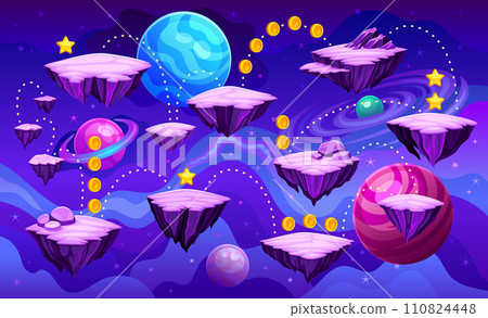 Space level map. 2D arcade game flying platform cartoon galaxy background future astronomy video games levels alien planet asteroid, computer videogame neoteric vector illustration 110824448