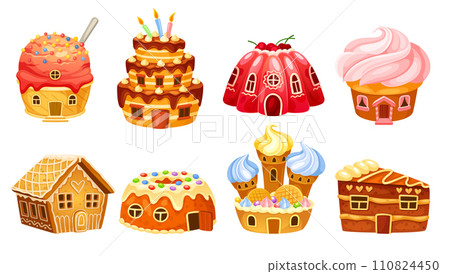 Fantasy candy houses. Sweet princess house, chocolate caramel dough buildings with candies, cartoon gingerbread biscuit castle delicious tea dessert, neoteric vector illustration 110824450