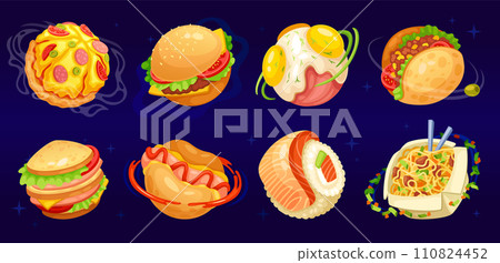 Cartoon food planets. Foods world concept, burger sushi fish pizza planet funny amuse ufo in delicious fantasy universe dream space tasty galaxy, game neoteric vector illustration 110824452