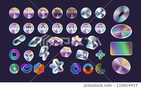 Holographic stickers. Y2k metallic gradient sticker, shiny holo texture retro icons trendy hype smile starburst symbol, acid rainbow hologram, realistic decent vector illustration Holographic stickers. Y2k metallic gradient sticker, shiny holo texture retro icons trendy hype smile starburst symbol, acid rainbow hologram, realistic decent vector illustration 110824457