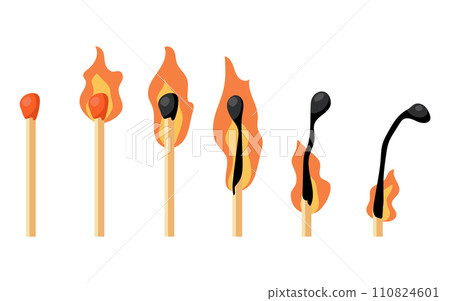 Different stages of matchstick ignition. A set of burning matches. Different stages of matchstick ignition. A set of burning matches. 110824601