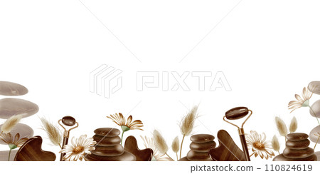 Seamless watercolor border. Massage stones, dried flowers, chamomile, massage roller, gua-cha. For your projects, prints, cards, invitations, booklets, notepads. Eco-friendly theme. 110824619