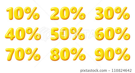 Balloon number with percent sign for sale concept. 3d render illustration set of yellow plastic glossy discount typography. Cartoon bubble element percentage off for special offer promotion. Balloon number with percent sign for sale concept. 3d render illustration set of yellow plastic glossy discount typography. Cartoon bubble element percentage off for special offer promotion. 110824642
