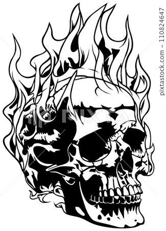 Drawing of Human Skull with Flames 110824647