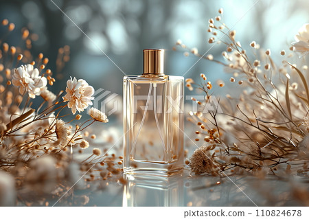 Close-up of a perfume bottle without brand label Decorated with delicate dried flower petals bathed in soft sunlight. This evokes feelings of nostalgia and romance. Suitable for product advertising. 110824678