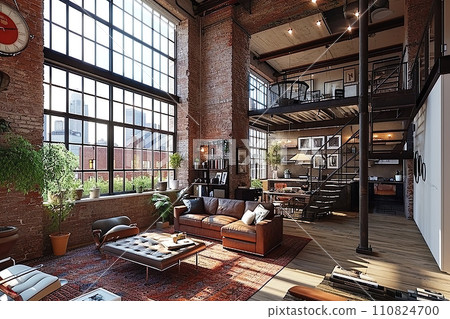 AI-generated content. A loft apartment, open space with few interior walls, hight cellings exposed brick and concerete, large windows 110824700