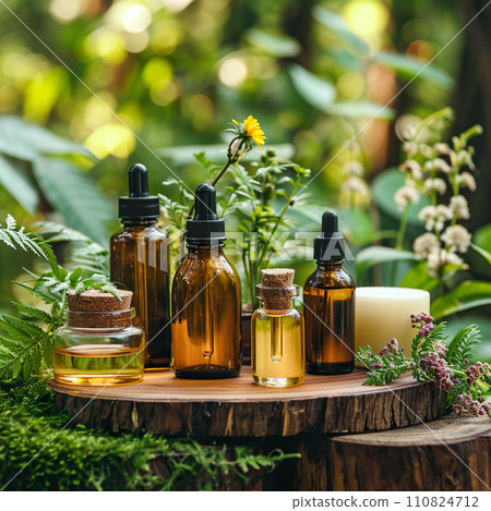 AI-generated content. Alternative medicine.Endobiogenics, new look at medicine,bottle of essential oil with herbs on green background.Close up 110824712