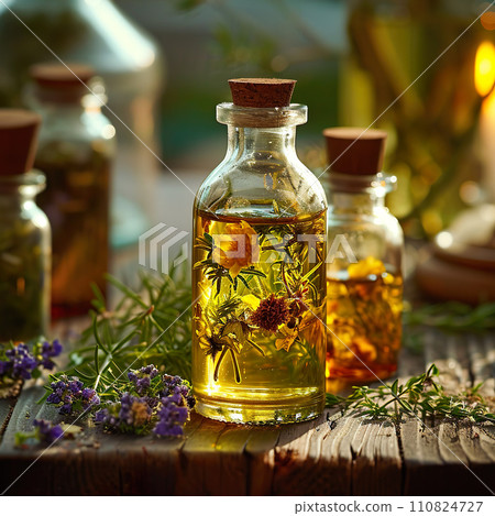 AI-generated content. Alternative medicine.Endobiogenics, new look at medicine,bottle of essential oil with herbs on green background.Close up 110824727