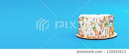 Bento birthday cake on blue banner background. Small dessert with colorful sugar decoration 110824813