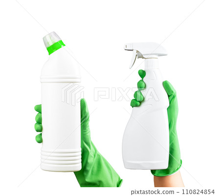 Hands holding detergent bottle packages, WC gel and spray mockups isolated on white background set Hands holding detergent bottle packages, WC gel and spray mockups isolated on white background set 110824854