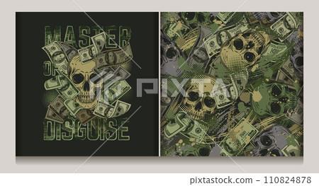 Green khaki grunge camouflage label, seamless pattern with human skull among falling 100 dollar bills, halftone shapes, text Master of Disguise. Good for apparel, textile, sport goods design. Not AI Green khaki grunge camouflage label, seamless pattern with human skull among falling 100 dollar bills, halftone shapes, text Master of Disguise. Good for apparel, textile, sport goods design. Not AI 110824878