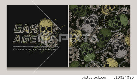 Khaki green camouflage label, pattern with human skull, gears, bike chain, rivets. Dark scary gothic illustration in steampunk style. For apparel, fabric, textile, sport goods. Not AI Khaki green camouflage label, pattern with human skull, gears, bike chain, rivets. Dark scary gothic illustration in steampunk style. For apparel, fabric, textile, sport goods. Not AI 110824880