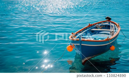 Poster with a fishing boat in the bay, travel and fishing on the islands in the Greek archipelago during vacation, beautiful view of the bay banner for fishing invitation 110824890