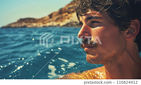 Portrait of a young man swimming in the sea to enjoy freedom and the sea, outdoor recreation, mental health restoration, close-up Portrait of a young man swimming in the sea to enjoy freedom and the sea, outdoor recreation, mental health restoration, close-up 110824912