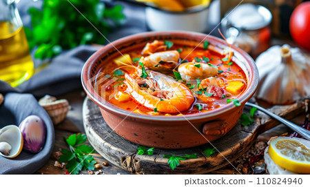 Traditional Cacciucco soup made from fish meat, shellfish and crustaceans on the table in a traditional Italian trattoria, restaurant menu design Traditional Cacciucco soup made from fish meat, shellfish and crustaceans on the table in a traditional Italian trattoria, restaurant menu design 110824940