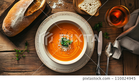 Aquacotta soup on a table in a restaurant, flat lay on a plate of soup, Italian bread and a glass of rose wine on an old table in a trattoria, idea for a menu or blog Aquacotta soup on a table in a restaurant, flat lay on a plate of soup, Italian bread and a glass of rose wine on an old table in a trattoria, idea for a menu or blog 110824945