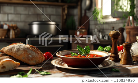 Minestrone soup and fresh bread from a local bakery on the table in a home kitchen, delicious vegetable summer Italian soup, gastronomic travel time 110824950