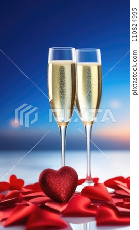 Champagne for valentines day background with two champagne glasses on sky, sea bokeh background. Valentines day, Mothers day drink concept image. Vertical banner for Valentines Day card. Copy space. Champagne for valentines day background with two champagne glasses on sky, sea bokeh background. Valentines day, Mothers day drink concept image. Vertical banner for Valentines Day card. Copy space. 110824995