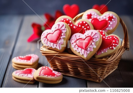 Basket with homemade tasty with icing heart shaped cookies on grey wooden table background. Valentines day, Mothers day food concept image. Banner for card, voucher, greeting card, print. Copy space. Basket with homemade tasty with icing heart shaped cookies on grey wooden table background. Valentines day, Mothers day food concept image. Banner for card, voucher, greeting card, print. Copy space. 110825008