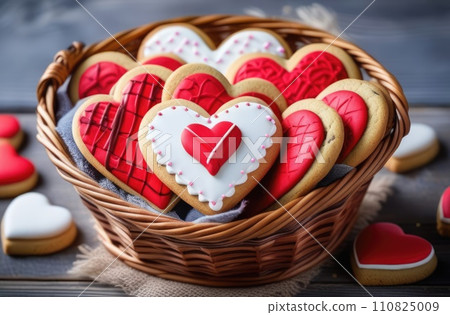 Basket with homemade tasty with icing heart shaped cookies on grey wooden table background. Valentines day, Mothers day food concept image. Banner for card, voucher, greeting card, print. Copy space. Basket with homemade tasty with icing heart shaped cookies on grey wooden table background. Valentines day, Mothers day food concept image. Banner for card, voucher, greeting card, print. Copy space. 110825009