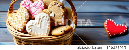 Basket with homemade tasty with icing heart shaped cookies on grey wooden table background. Valentines day, Mothers day food concept image. Banner for card, voucher, greeting card, print. Copy space. Basket with homemade tasty with icing heart shaped cookies on grey wooden table background. Valentines day, Mothers day food concept image. Banner for card, voucher, greeting card, print. Copy space. 110825015