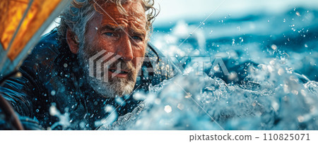 Banner with a portrait of an old captain on a yacht during a storm, a serious and purposeful look, harsh male work in the ocean, competition under sail, copy space for concept Banner with a portrait of an old captain on a yacht during a storm, a serious and purposeful look, harsh male work in the ocean, competition under sail, copy space for concept 110825071