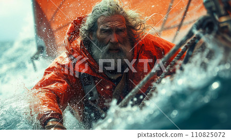 An old captain on a yacht during a storm, a serious and purposeful look, harsh male work in the ocean, sailing competitions An old captain on a yacht during a storm, a serious and purposeful look, harsh male work in the ocean, sailing competitions 110825072