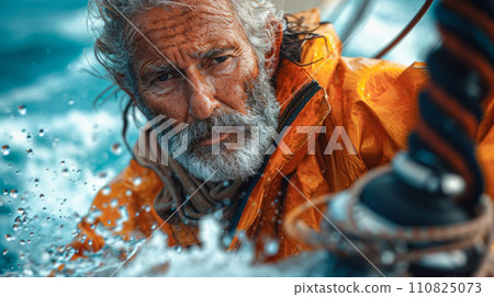 Close-up portrait of an old sailor on a longboat during a storm, a serious and wise look at the camera, harsh male work in the ocean Close-up portrait of an old sailor on a longboat during a storm, a serious and wise look at the camera, harsh male work in the ocean 110825073