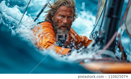 Portrait of a sailor during a regatta or work at sea, a sail covering the yacht of a participant in a high-speed regatta, advertising adventures in the ocean and sailing cruises 110825074