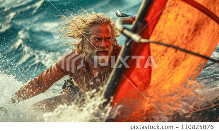 Portrait of an adult man during a windsurfing competition, a light curtain at sea, advertising a competition or reporting on events at a regatta Portrait of an adult man during a windsurfing competition, a light curtain at sea, advertising a competition or reporting on events at a regatta 110825076