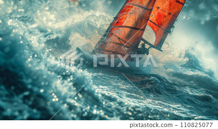 Clash of windsurfers during competition on the high seas during a storm, beauty of nature and surfing competition poster Clash of windsurfers during competition on the high seas during a storm, beauty of nature and surfing competition poster 110825077