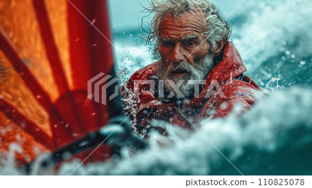 Portrait of an elderly sailor during a regatta or work at sea, a participant in a high-speed regatta during a storm at sea, advertising adventures in the ocean 110825078