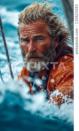 Vertical banner with an adult regatta participant during a storm at sea, sport and adventure concept, adventure for an ocean crossing cruise under sail 110825083