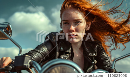 Young red-haired woman with freckled hair flying in the wind sitting on her motorcycle, healthy lifestyle and wanderlust Young red-haired woman with freckled hair flying in the wind sitting on her motorcycle, healthy lifestyle and wanderlust 110825098